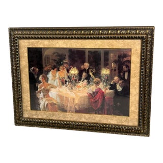 1990s Large Scale Victorian-Era “Dinner Party” Scene Framed Art Reproduction Print For Sale