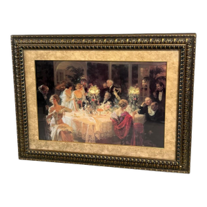 1990s Large Scale Victorian-Era “Dinner Party” Scene Framed Art Reproduction Print
