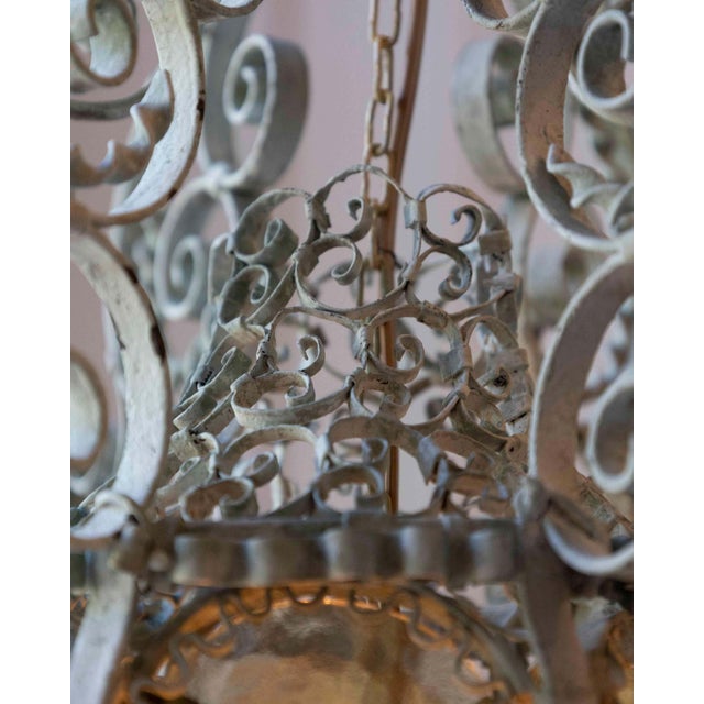 Early 1900s Italian Wrought Iron Lantern Light Green Finish Amber Glasses For Sale - Image 11 of 12