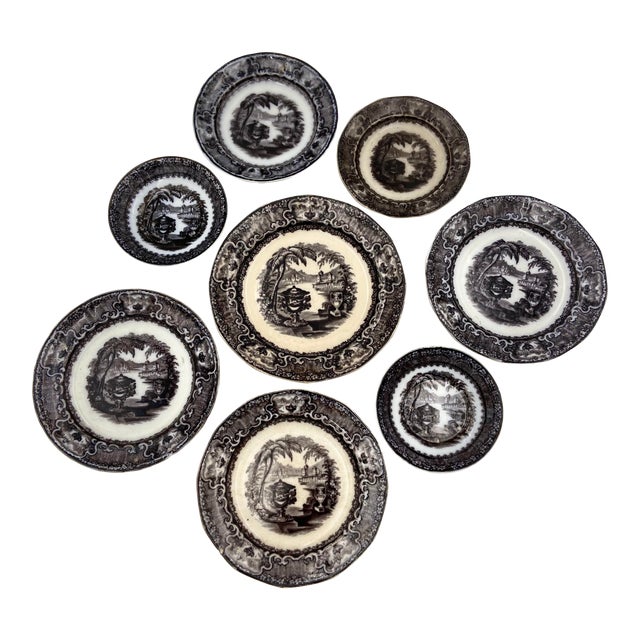 Antique P. W. & Co. Black Mulberry Ware Plates, “Washington’s Vase” - Set of 8 For Sale