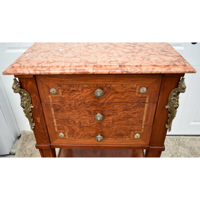 Inlaid Wood Nightstand Vintage Italian 3 Drawer Marble Accent Chest Brass Ormolu 80s For Sale - Image 9 of 13