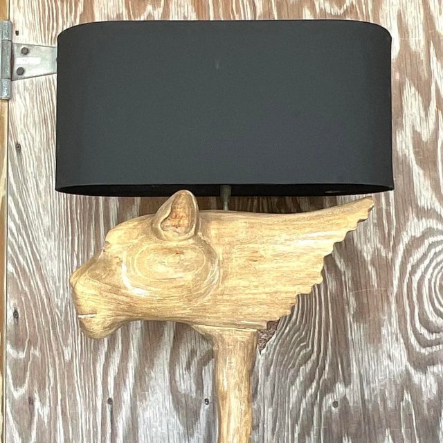 Vintage Boho Cerused Wood Winged Lion’s Head Lamp For Sale - Image 13 of 13