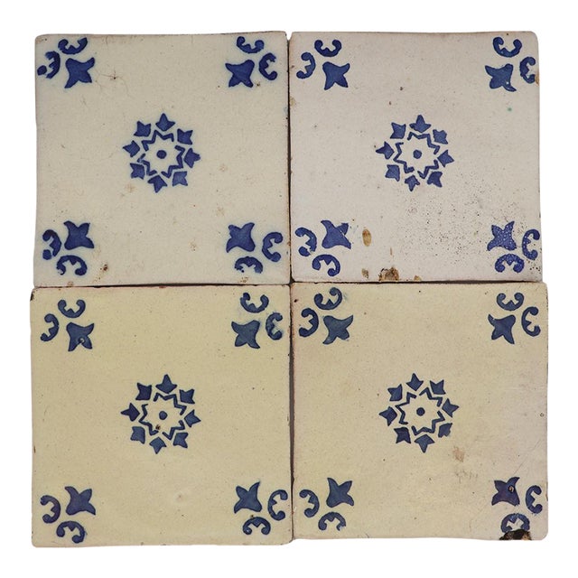 19th Century Set of Four Tiles Blue & White Floral, Portuguese For Sale