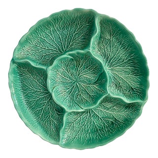 Vintage Majolica Style Usa Calif Pottery Cabbage Leaf Divided Serving Dish For Sale
