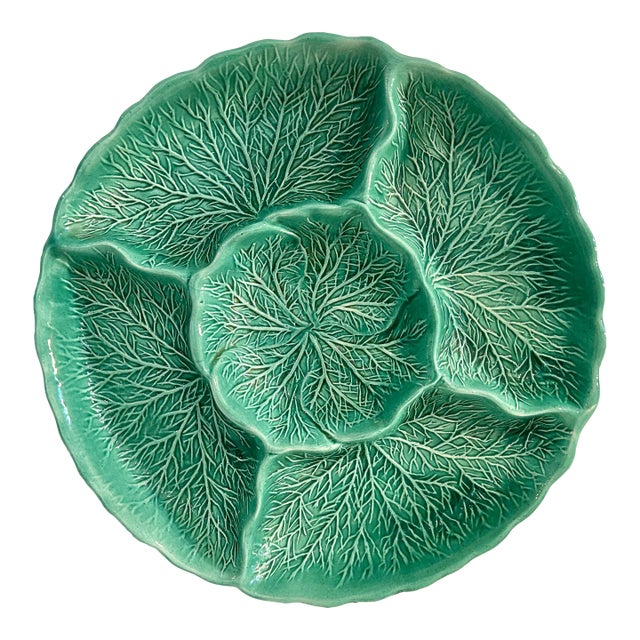 Vintage Majolica Style Usa Calif Pottery Cabbage Leaf Divided Serving Dish For Sale