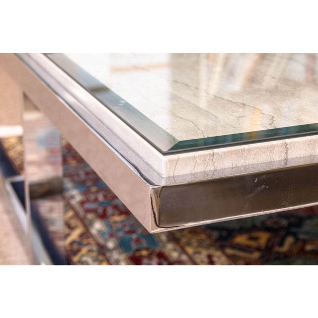 Mid-Century Modern Vintage 1970s Milo Baughman Chrome Glass & Travertine Stone Square Coffee Table For Sale - Image 3 of 7