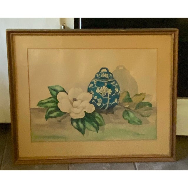 1952 Floral Still Life Watercolor by Nita Bradley – Magnolia & Blue Vase, Framed For Sale In Savannah - Image 6 of 12