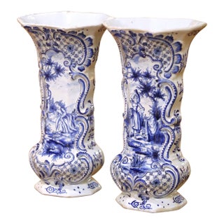 Pair of 19th Century French Blue and White Delft Vases With Pastoral Scenes For Sale