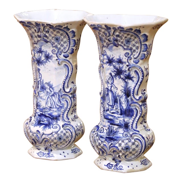 Pair of 19th Century French Blue and White Delft Vases With Pastoral Scenes For Sale