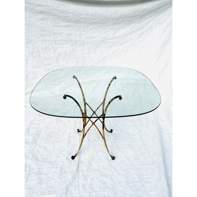 Vintage Late 60's Midcentury Wrought Iron Base with Heavy Glass Top Patio or Outdoor Table , Base Distressed Paint in Very...
