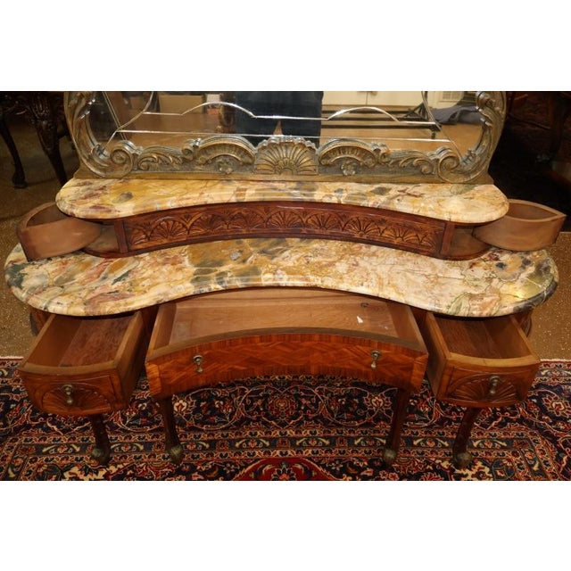 French Louis XV Style Inlaid Walnut Marble Top Etched Mirror Vanity Circa 1920's For Sale - Image 12 of 13