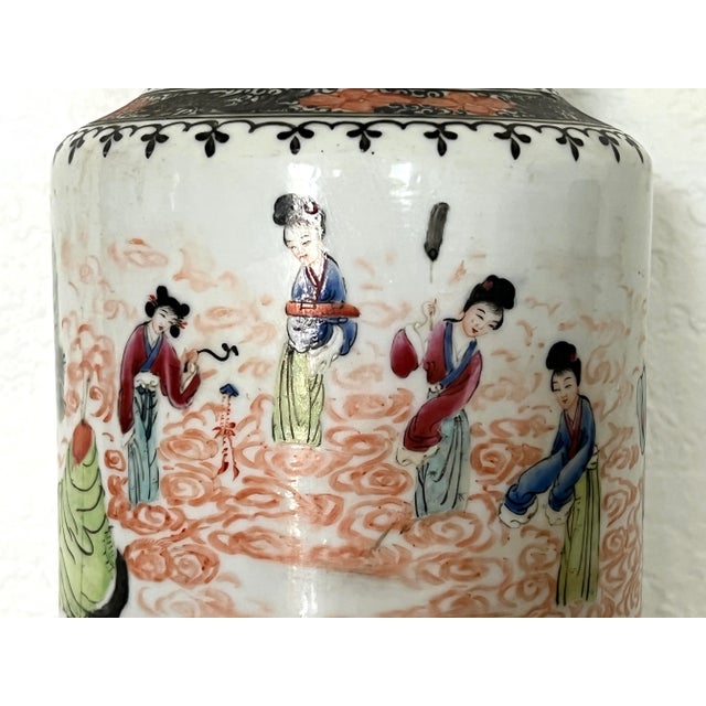 The Heavenly Musicians, Antique Chinese Republic Period Famille Rose Porcelain Table Lamp For Sale - Image 9 of 13