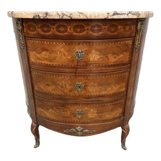 Antique French Louis XV Style Demilune Commode With Marble Top, Marquetry Inlay & Ormolu Mounts For Sale