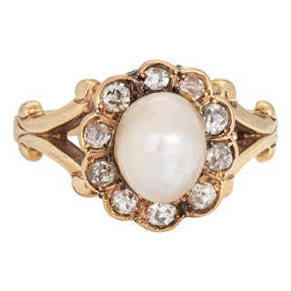 Gia Natural Saltwater Pearl Ring Antique Victorian Diamond 14k Gold Sz 6.5 For Sale