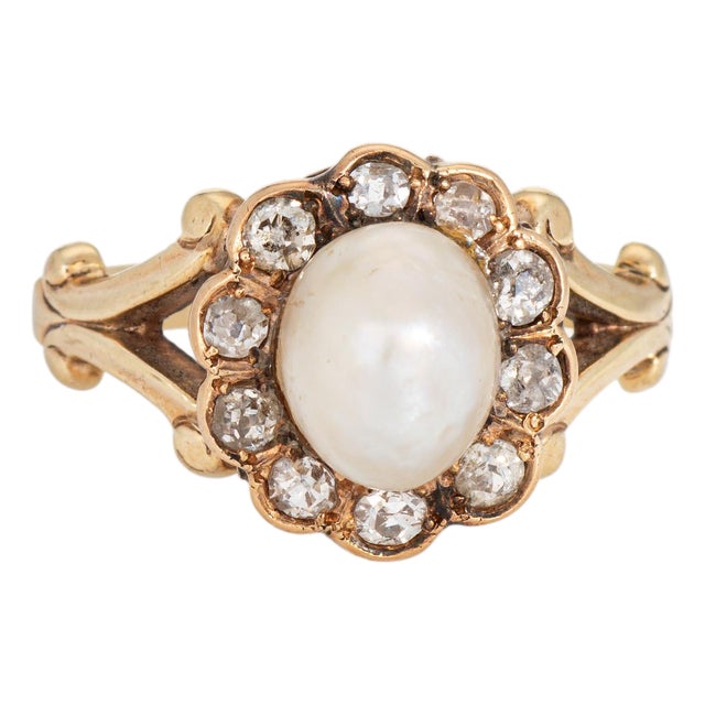 Gia Natural Saltwater Pearl Ring Antique Victorian Diamond 14k Gold Sz 6.5 For Sale
