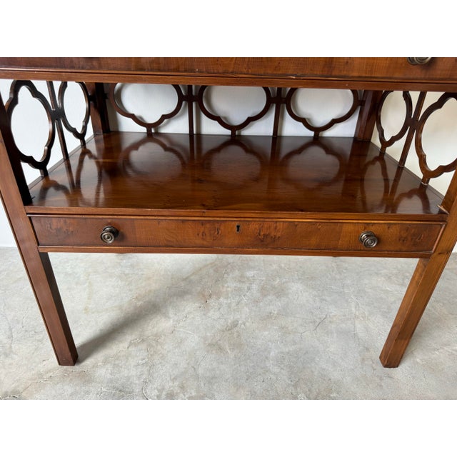 Wood 1960's Hollywood Regency Chinoiserie Pecan Burl Two- Tier Nightstand - End Table For Sale - Image 7 of 12