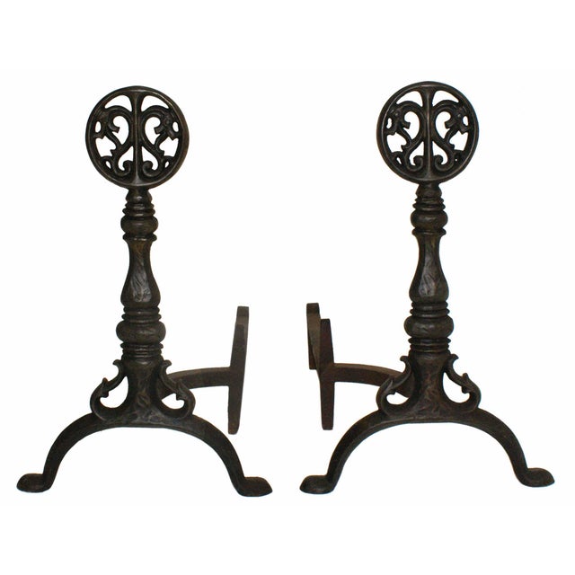 Early 20th Century Antique Andirons Cast Iron With Dragon Medallion Finials on Turned Balusters and Splayed Feet - A Pair For Sale - Image 5 of 5