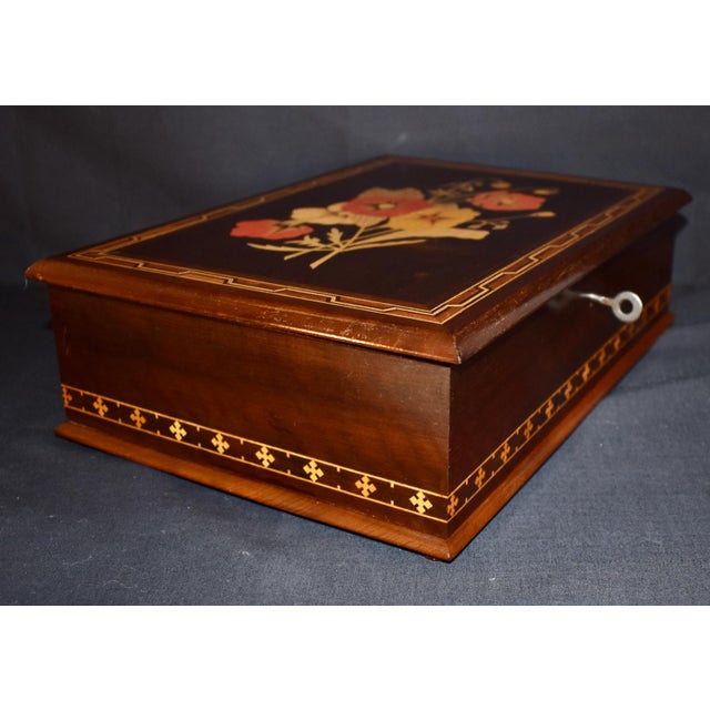 Brown Wooden Inlaid Jewelry Box Vintage Henrique Michels Inlaid Floral Marquetry For Sale - Image 8 of 16