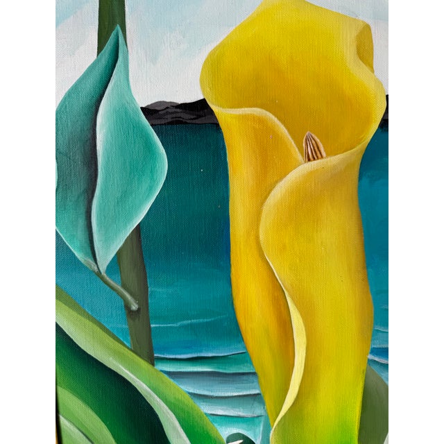 Green Vintage Calla Lilies Still Life Oil Painting, Framed For Sale - Image 8 of 11