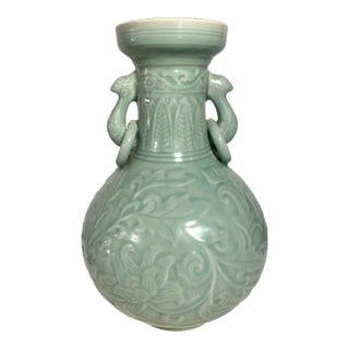 1970s Large Vintage Celadon Urn/Vase With Peacock Handles For Sale