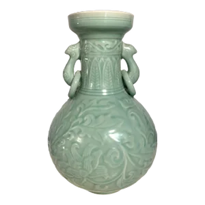 1970s Large Vintage Celadon Urn/Vase With Peacock Handles
