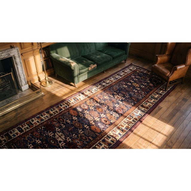 Textile 1880s Blue Navy Geometric Tribal Antique Nw Persian Rug 3'4" X 14'2" Knotted Wool Carpet For Sale - Image 7 of 9