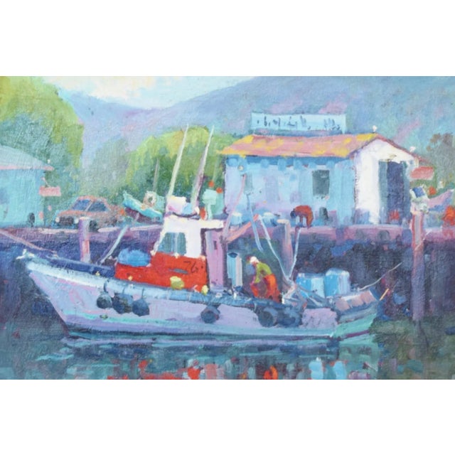 Blue Silvio Silvestri, Listed Artist Nautical Coastal Boating Mendocino Harbor Ca Oil Painting Including the Antiqued Gold Wood Frame For Sale - Image 8 of 11