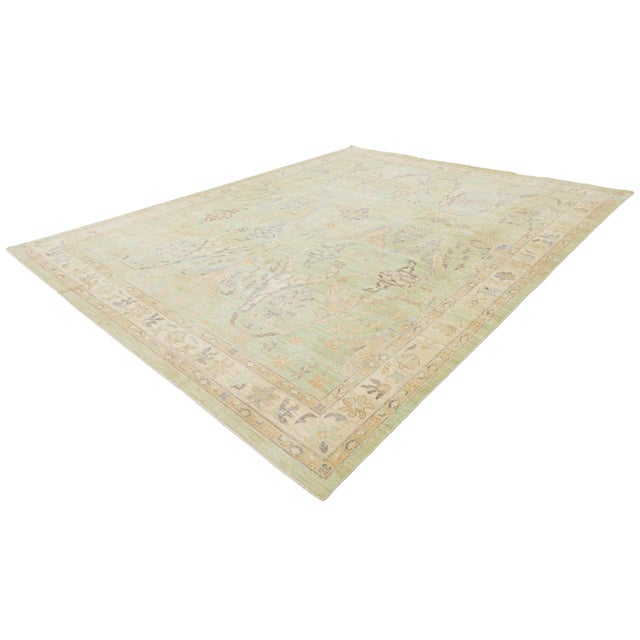 Modern Oushak Style Hand-Knotted Wool Area Rug in Soft Sage, Gold & Lavender For Sale - Image 12 of 12