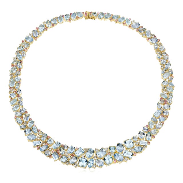 Nina Zhou Ocean Life Aquamarine, Topaz & Pink Sapphire Collar Necklace in 14k Gold For Sale