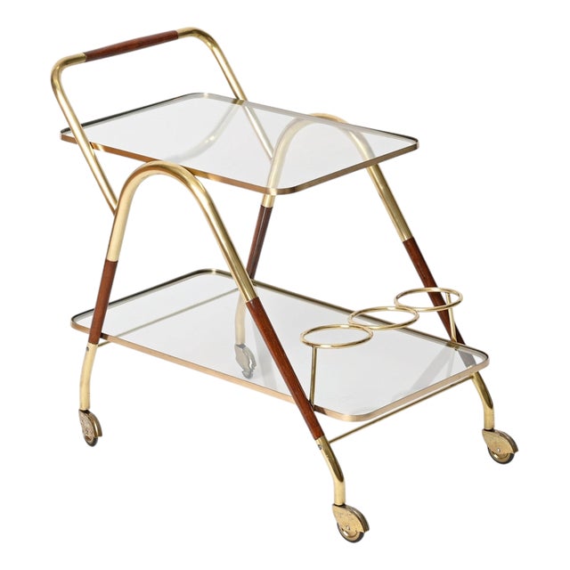 Brass and Walnut Bar Cart by Cesare Lacca, Italy, 1950s For Sale