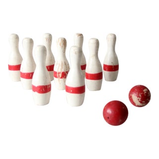 Antique Bowling Game Skittles Set With Box For Sale