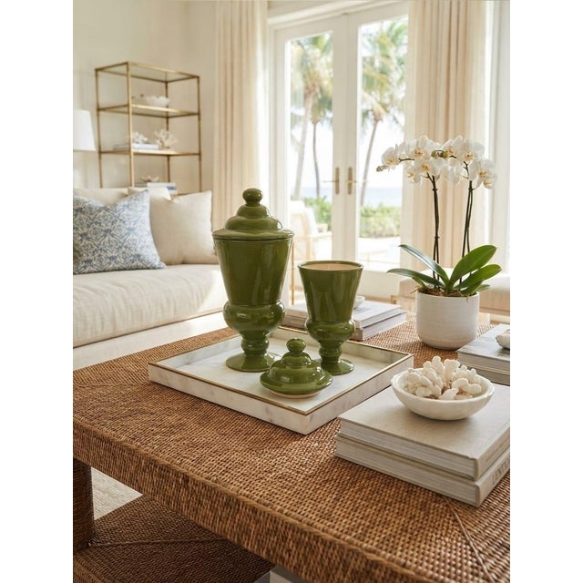 Pair of Vintage Olive Green Glazed Ceramic Covered Urns - Graduated Sizes For Sale - Image 9 of 12