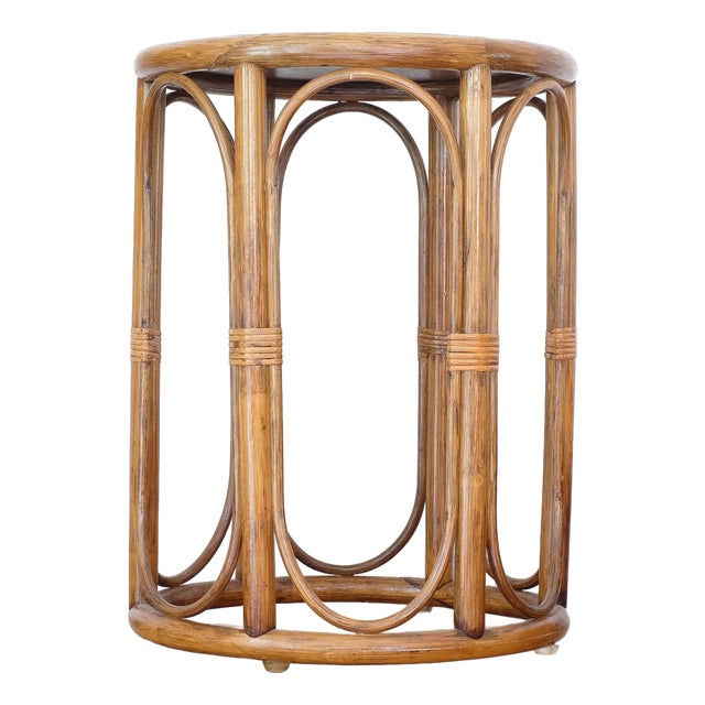 Vintage Italian Round Rattan Bamboo Side Table For Sale