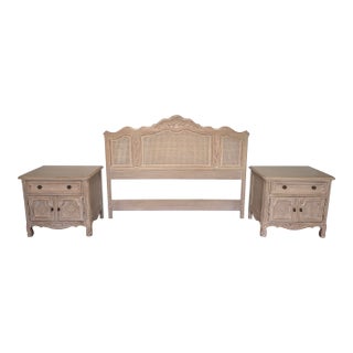 Drexel Cabernet Blanc Queen Headboard & Matching Bedside Tables For Sale