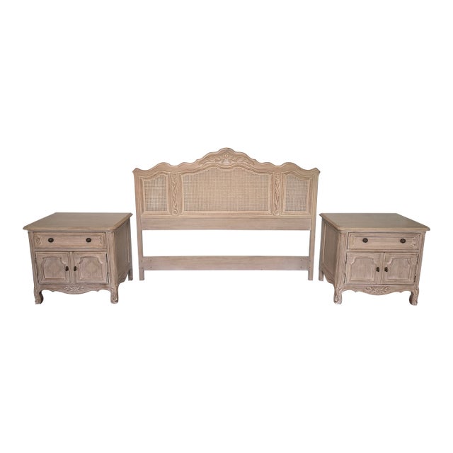 Drexel Cabernet Blanc Queen Headboard & Matching Bedside Tables For Sale