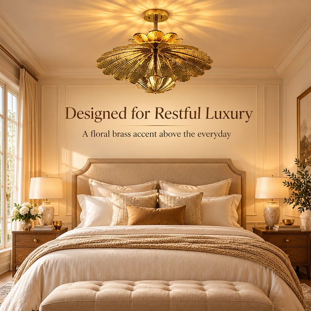 Handmade Brass Flower Ceiling Light, Floral Semi Flush Mount, Hammered Brass Chandelier, Vintage Lotus Ceiling Fixture, Art Deco Lighting For Sale - Image 9 of 18