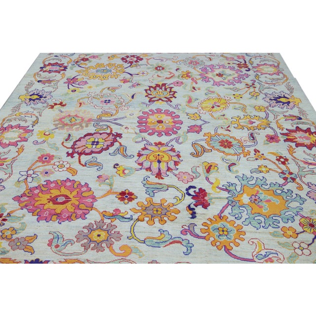 Tribal Modern Oushak Handmade Multicolor Floral Pattern Oversize Blue Wool Rug For Sale - Image 3 of 10