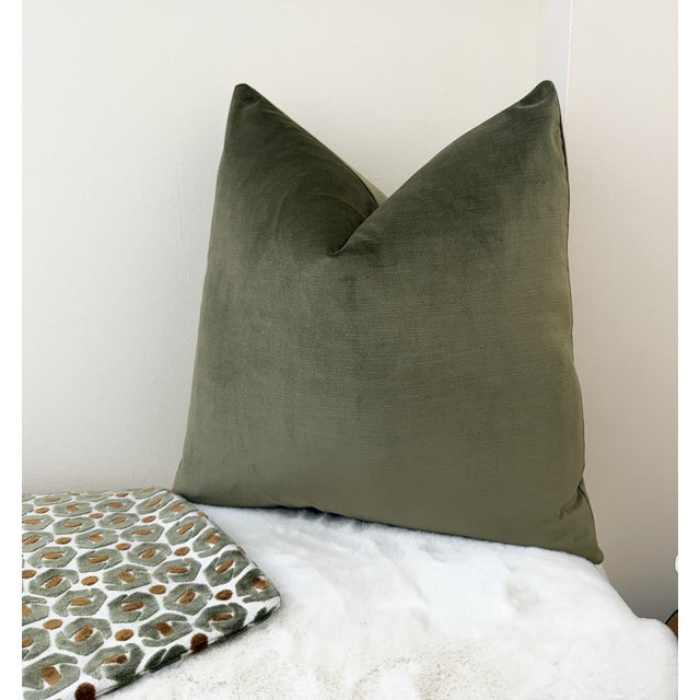 Olive Green 20x20 Velvet Throw Pillow With Feather Down Insert For Sale - Image 4 of 5