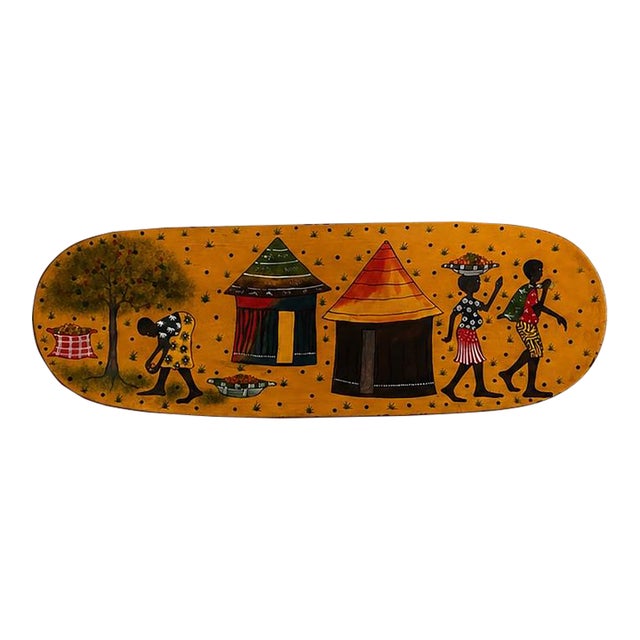 Vintage African Folk Art Hand-Painted Wooden Wall Panel Village Scene Decor For Sale