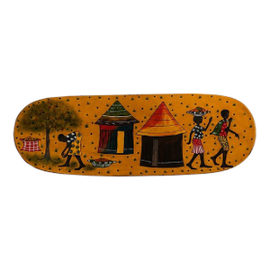 Vintage African Folk Art Hand-Painted Wooden Wall Panel Village Scene Decor