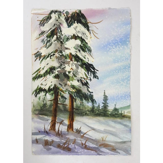 Rustic Contemporary Impressionist Snow Covered Evergreens Watercolor Painting For Sale - Image 3 of 3