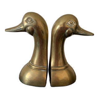 Mid 20th Century Vintage Solid Brass Mallard Duck Head Bookends - a Pair For Sale
