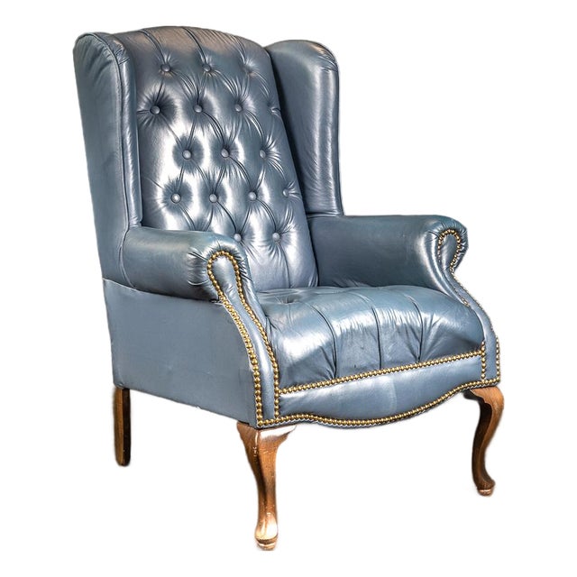 Vintage Tufted Leather Chesterfield Armchair in Powder Blue For Sale