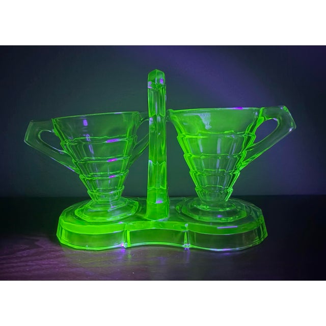 1930s Art Deco Indiana Glass Uranium Green Creamer & Sugar Set With Caddy – Depression Glass - 3pcs For Sale - Image 11 of 11
