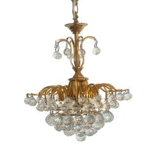 Brass and Crystal Ball 4-Light Chandelier, 1980s For Sale