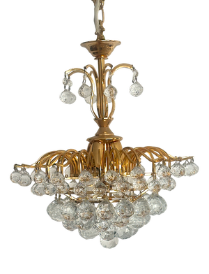 Brass and Crystal Ball 4-Light Chandelier, 1980s