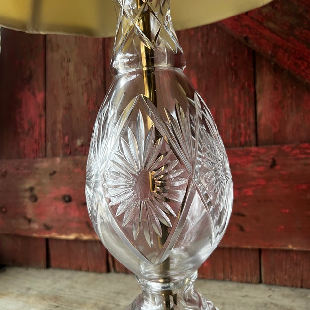 Vintage Glass & Brass Table Lamp With Etched Floral Design & Fabric Shade For Sale - Image 12 of 16