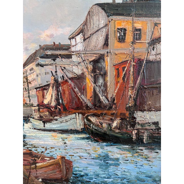 Impressionist Vintage Original Oil Painting of a Canal Cityscape, Circa 1970s - Signed For Sale - Image 3 of 17