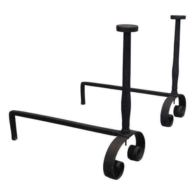 Large French Iron Andirons, Set of 2 For Sale