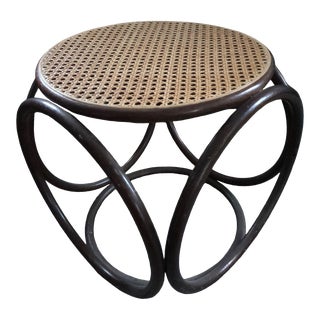 Mid 20th Century Wooden Bentwood Circular Cane Top Ottoman Dark Wood Stool Wicker Round Table For Sale